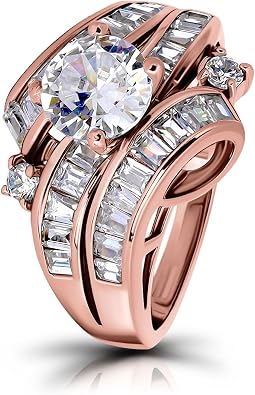 Hoops & Loops 925 Sterling Silver Cubic Zirconia Channel Set Triple Row Stunning Fashion Statement Wedding Bridal Anniversary Ring for Women, Silver, Yellow Gold