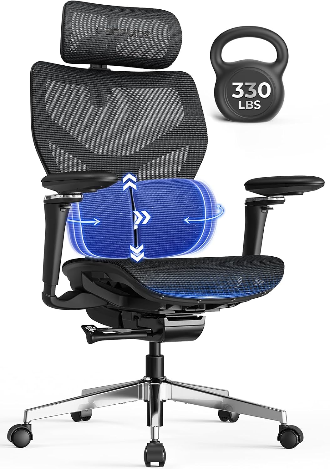 Ergonomic Mesh Office Chair - 10 Hours Comfort, 3D Lumbar Support, 330 LBS | 630° Armrests, 3D Headrest, Seat Depth Adjustable, 90-125° Tilt & Lock, BIFMA, Breathable for Home Office Long Work
