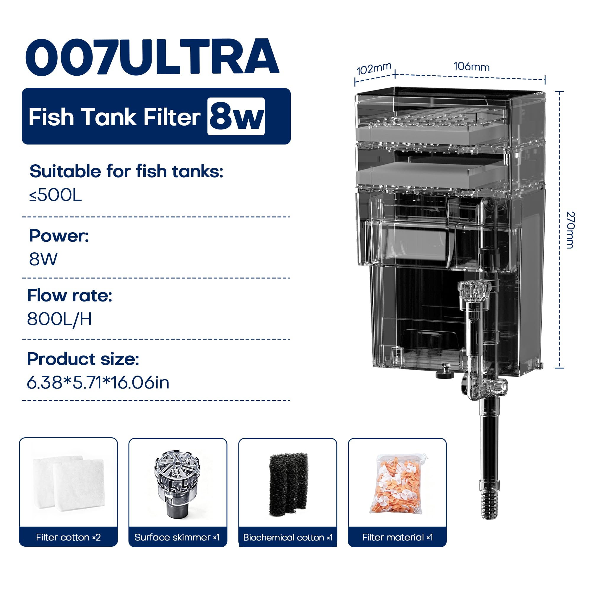 HOB - Filtro de acuario con caja de separación seca y húmeda de doble capa, 8 W, 800 L/H, 3 en 1, ultra silencioso, para peceras pequeñas de 500 L (XP-007 Ultra)