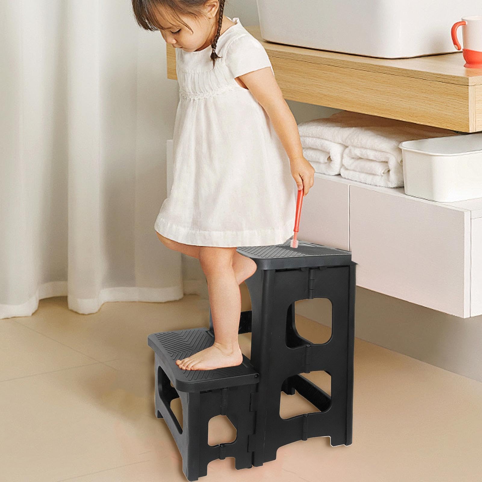 Taburete plegable con 2 escalera de cocina anslizante taburete plegable para el hogar baño biblioteca para un alcance y almacenamiento seguros