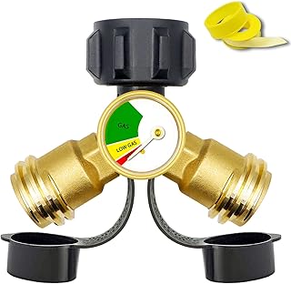 【1 pack】Propane Splitter (Propane Tank Y Splitter Adapter) with Gauge and Shut-Off Valve, 2 Way Propane Gas Splitter Adapter for Propane Tank, which for Camping Stoves, BBQ Grills, RV Camper, etc.
