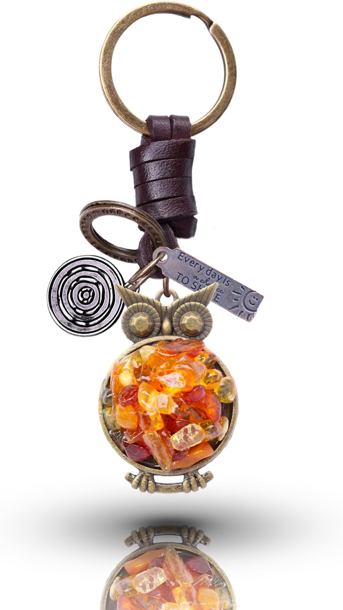 Genuine Vintage Leather Owl Keychain with Baltic Amber