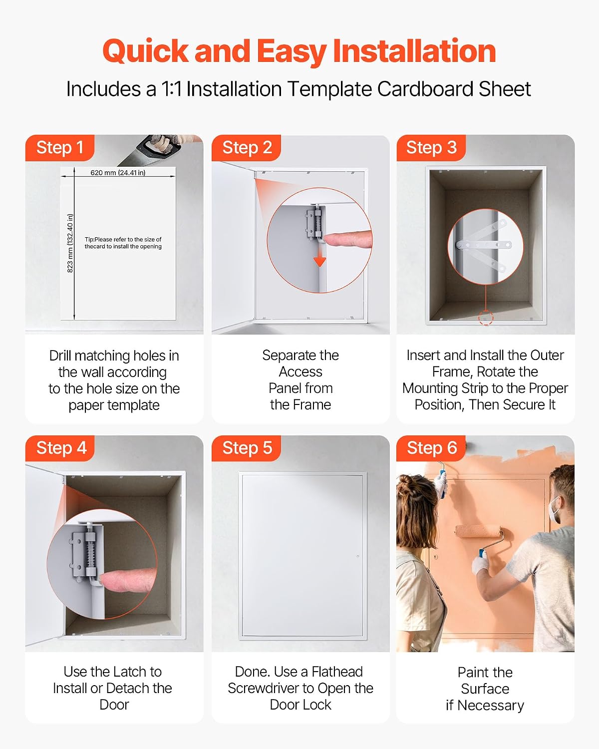 VEVOR Access Panel for Drywall, 33.2 x 25.2 in Galvanized Steel Access Door, Easy Install Hinged Service Panel with Screwdriver Latch, for Ceiling Plumbing Electrical, 24.4 x 32.4 in Cutout Size White