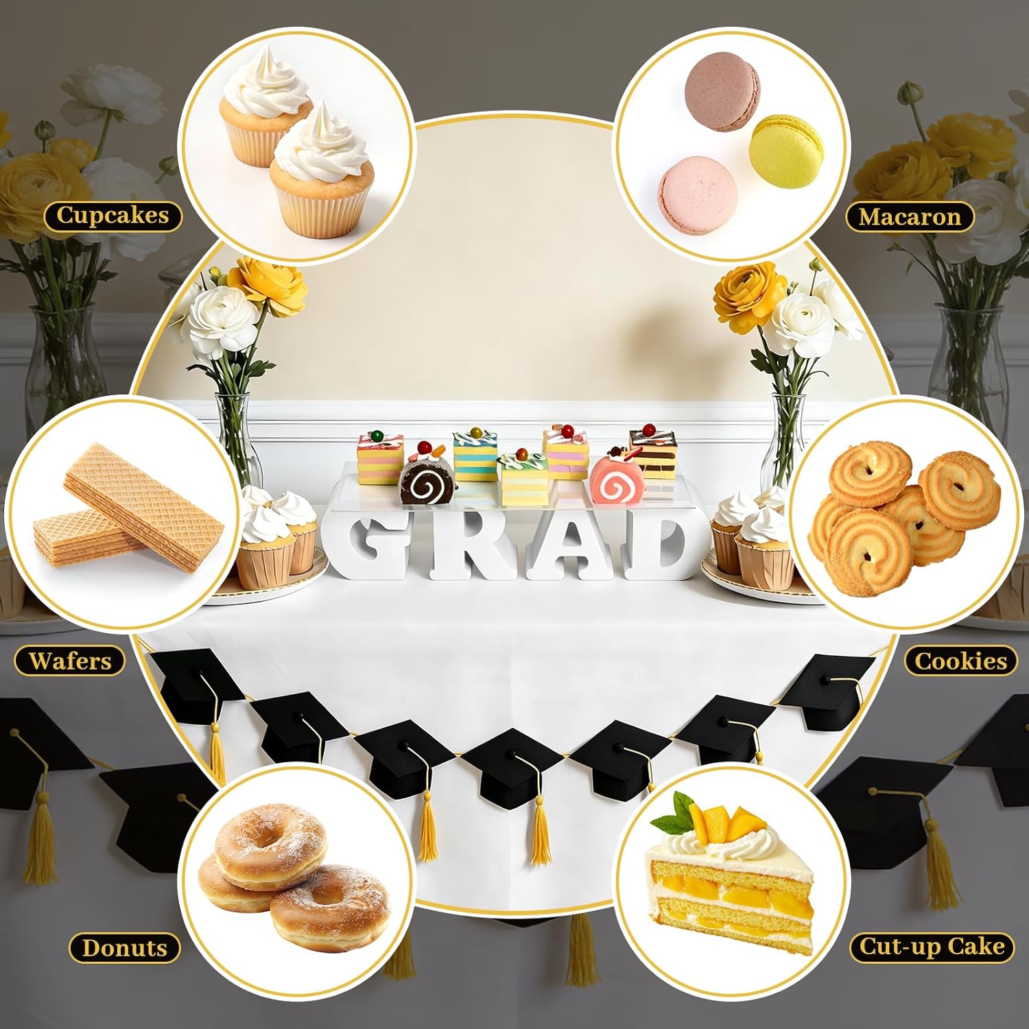 2026 Graduation Cupcake Stand, GRAD Letter Dessert Table Display Set with 6.3 x 15.7 Inch Clear Acrylic Tray, Lightweight Party Decoration for Congrats Grad College Celebrations (Grad)