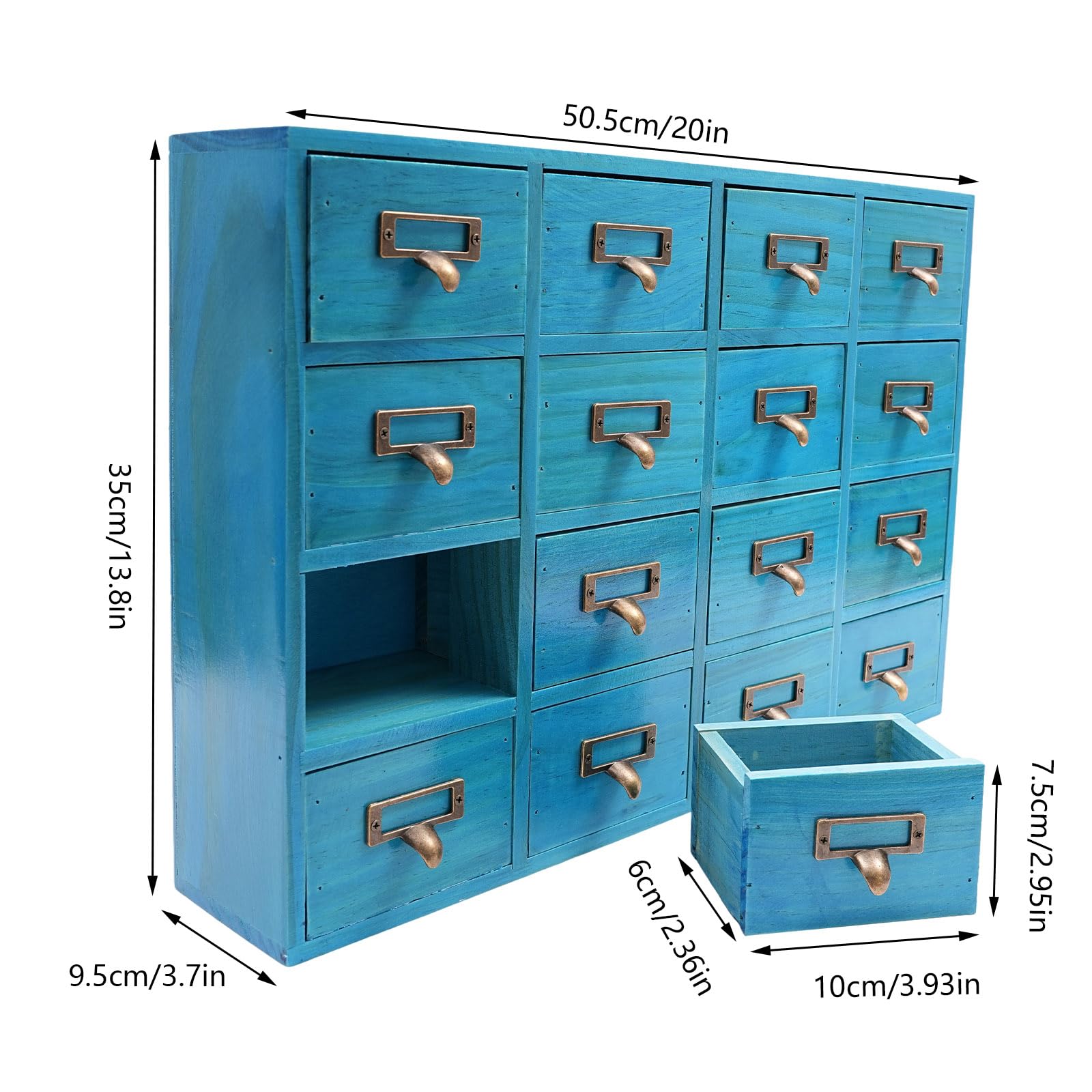 Armoire apothicaire avec tiroirs, 50,5 x 9,5 x 35 cm, 16 tiroirs d'apothicaire vintage pour la maison et le bureau, Boîte de rangement pour bijoux, armoire de rangement en bois pour bijoux, bleu