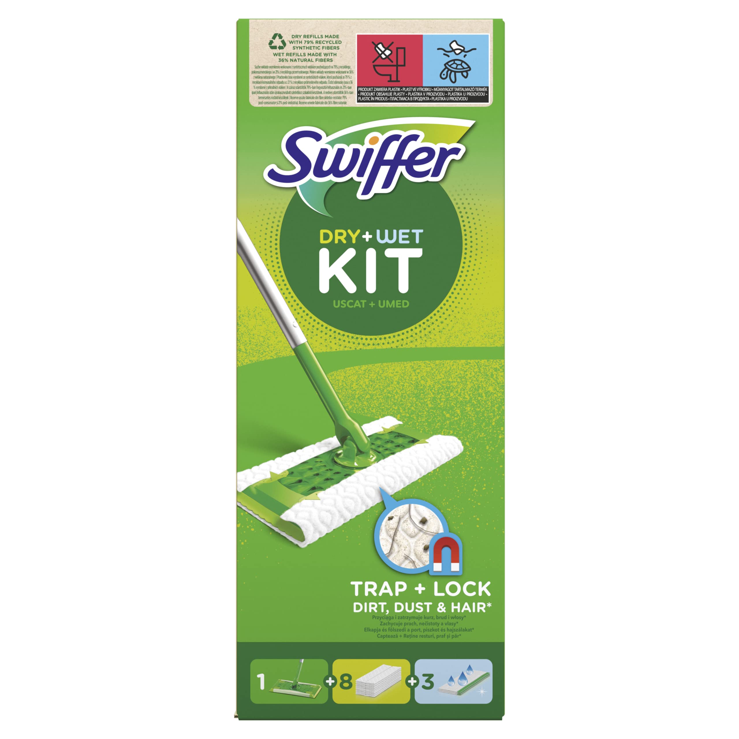 Swiffer Kit di avviamento con mocio + 8 panni asciutti per la raccolta della polvere + 3 salviette umide per pavimenti