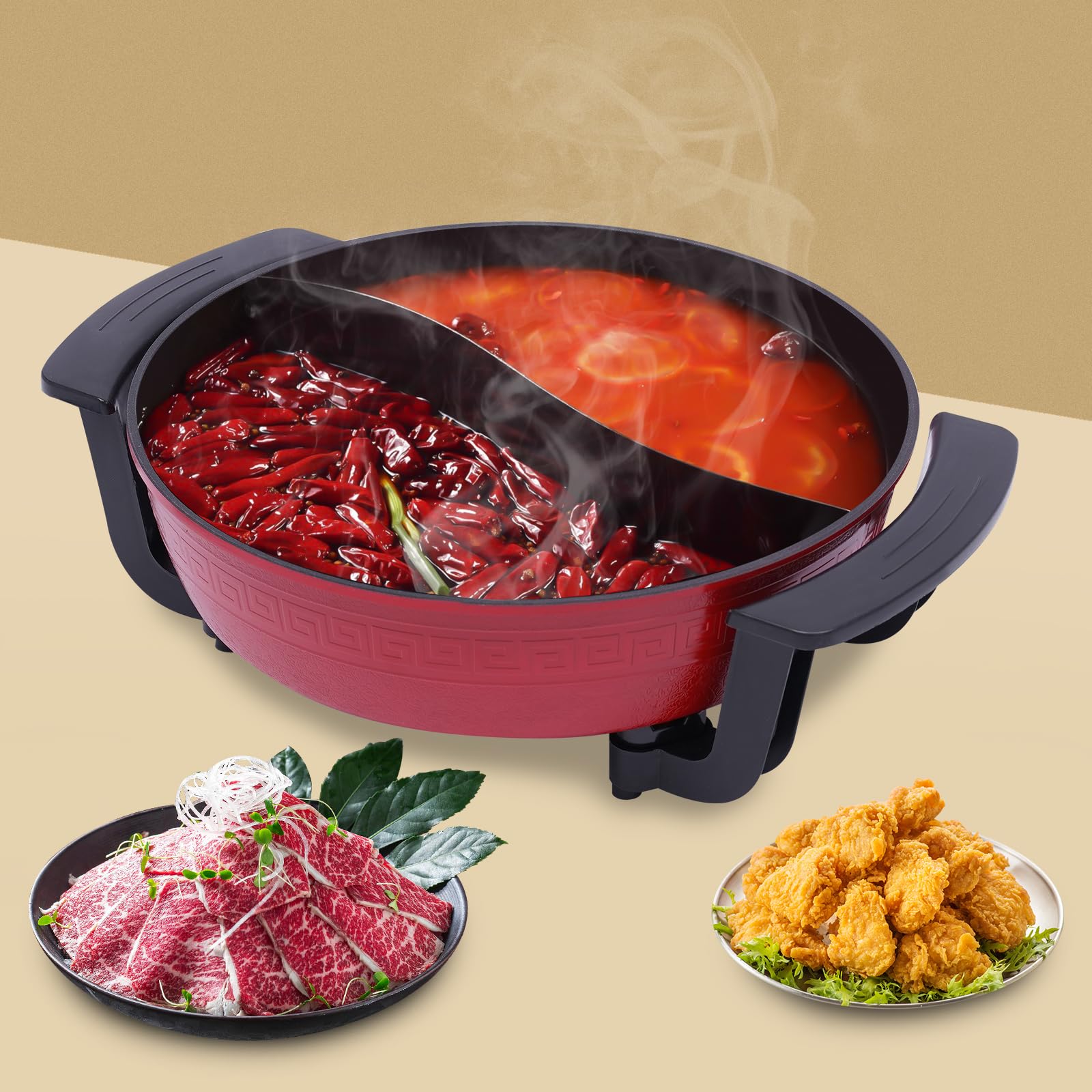 1300W Hot Pot Poêle électrique Fondue chinoise 6L Grande Capacité Multifonctionnel Antiadhésive Marmite électrique, Rouge