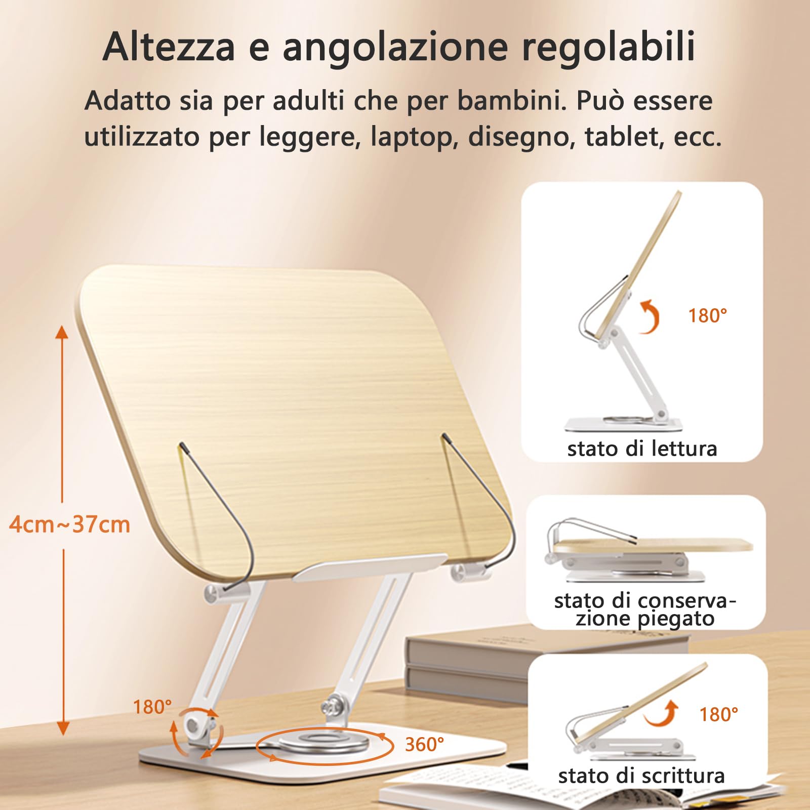 Leggio per la lettura, con base girevole a 360°, pieghevole, pratico supporto girevole per spartiti, libri più pesanti, laptop