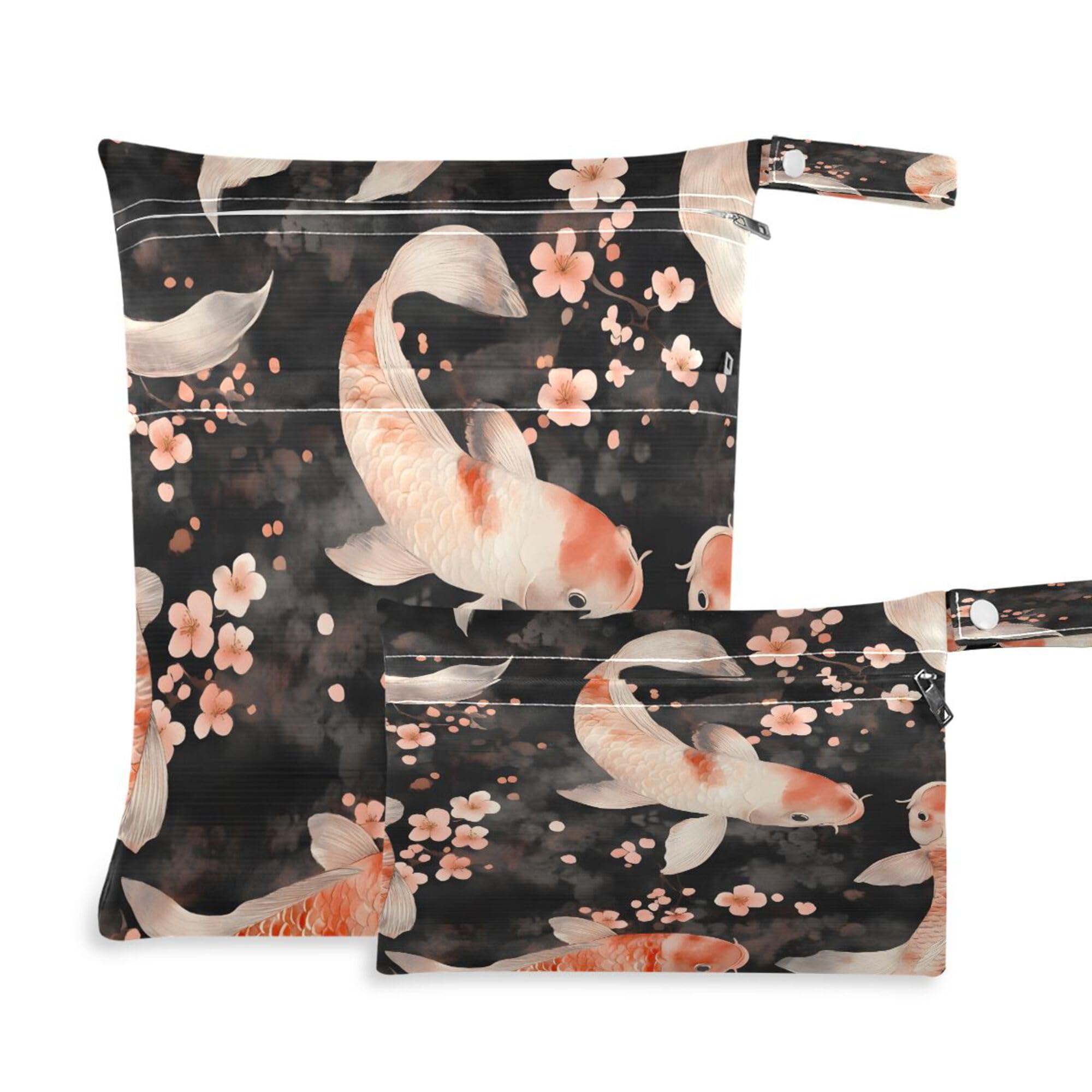PYBUG Watercolor Koi Fish Wet Dry Bags Sets Waterproof Reusable with Two Zippered Pocket for Diaper,Swimsuit,Gym Clothes,2 Pack