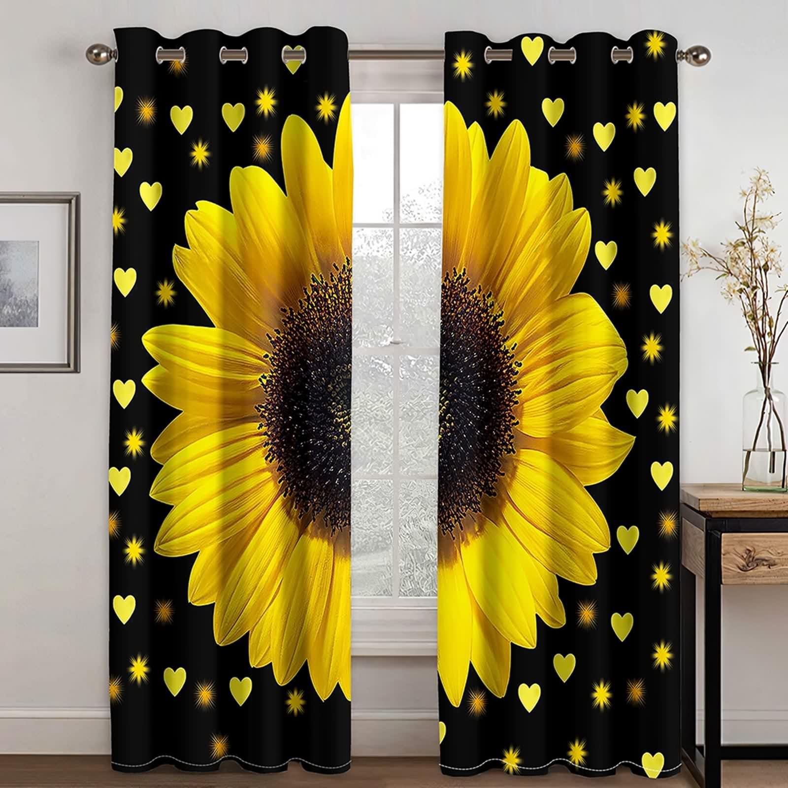 Firanki poliestrowe, materiał na firany w stylu vintage, żółto-czarne, słoneczniki, zestaw 2 sztuk, szer. 96 x wys. 138 cm