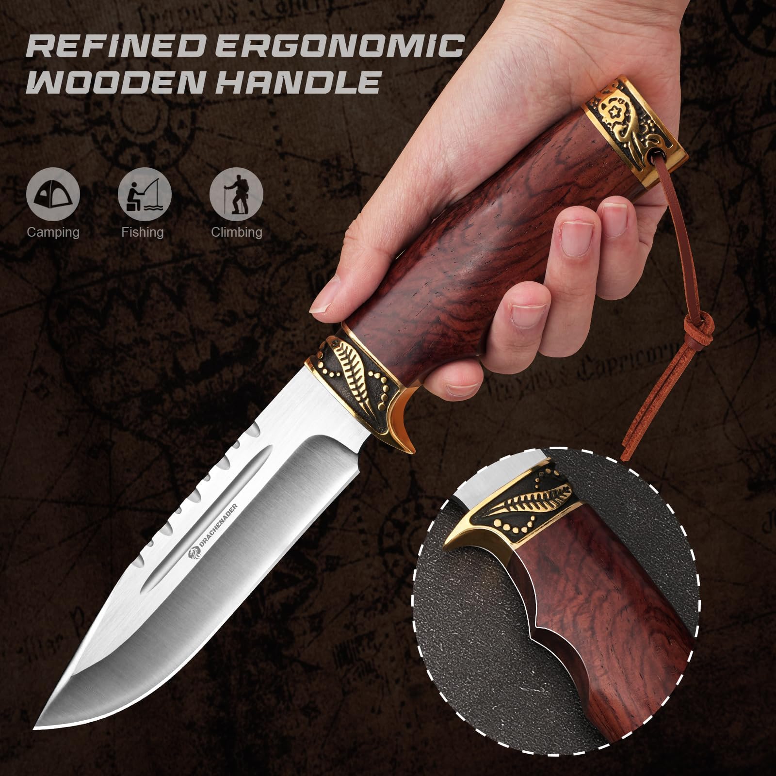 DRACHENADER coltello da caccia lama fissa Yu - Ln, 14,7cm lunghezza lama cintura con fodero in pelle, acciaio 5Cr14moV, manico in legno, campeggio sopravvivenza all'aperto