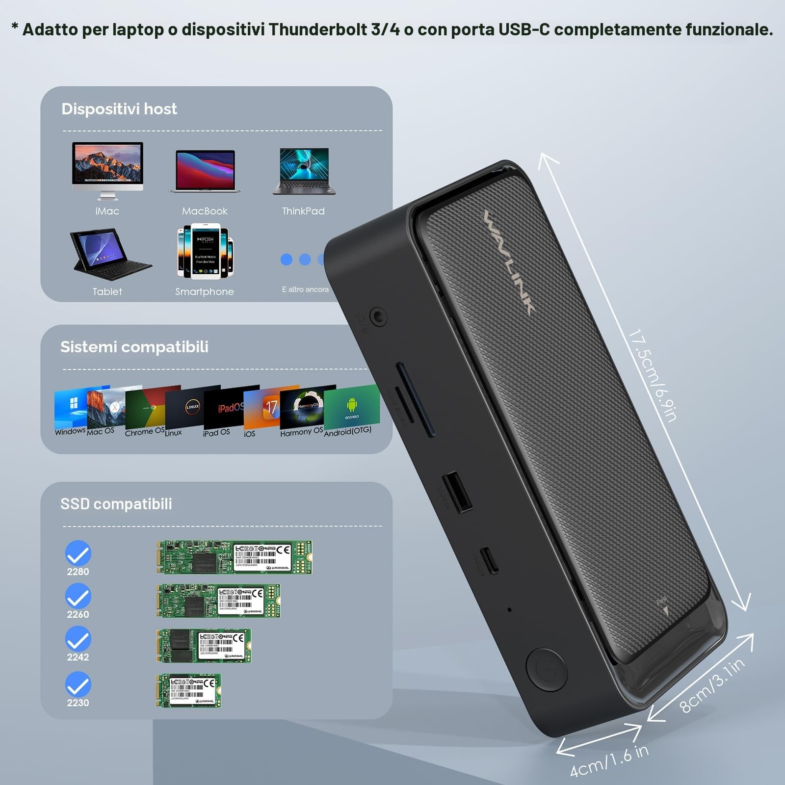 WAVLINK Triple Display Dock, Hub 13-In-1 di tipo C 10Gbps con alloggiamento SSD M.2 PCIe/SATA, supporto 100W PD, 4K@60Hz HDMI/DP, USB C/USB-A Gen 3.2/3.1, SD/TF, Gigabit RJ45 per Windows, Mac OS