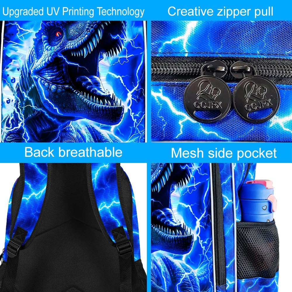 KLFVB 3PCS Boys Backpack Set, 17" Dinosaur Bookbag and Lunch Box, Water Resistant Teenagers School Backpacks for Middle Elementary - Lightning T-Rex - Image 5