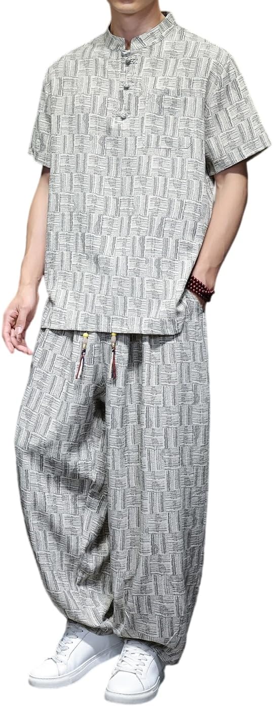 Men's Ice Silk Tang Suit Set Stand Collar Half Sleeve Top and Pants Lightweight Casual 2 Piece Outfit