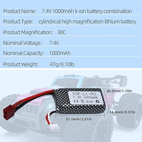 Miniatura 4 de Batería de iones de litio de 7.4 V 1000 mAh, paquete de 2 baterías 2S 30C con enchufe en T para camión RC sin escobillas de carreras HBX 16889