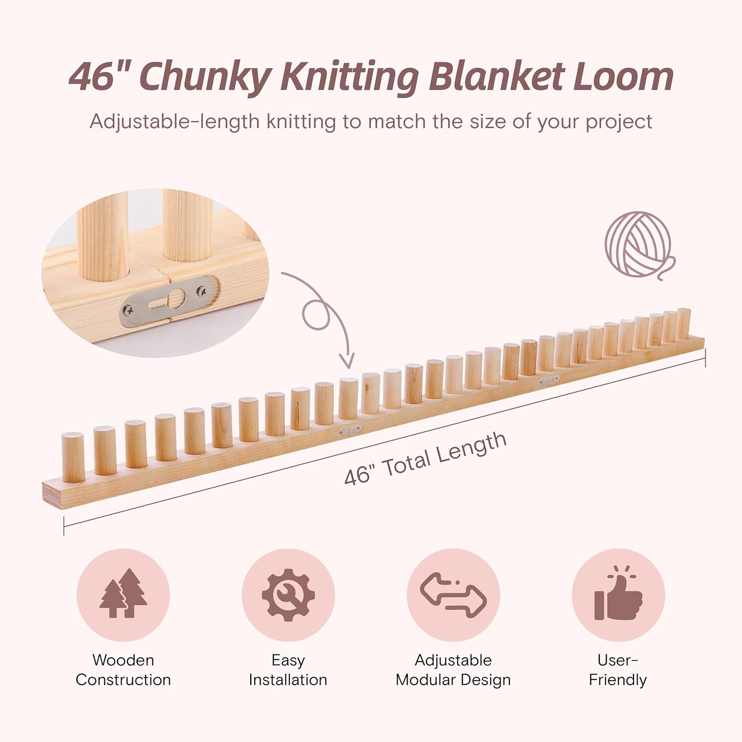 46-Inch Wooden Chunky Blanket Loom, DIY Knitting Kit for Throw Blankets, Adjustable Size Hand Knitting Board, Beginner-Friendly Craft Tool for Home Decor