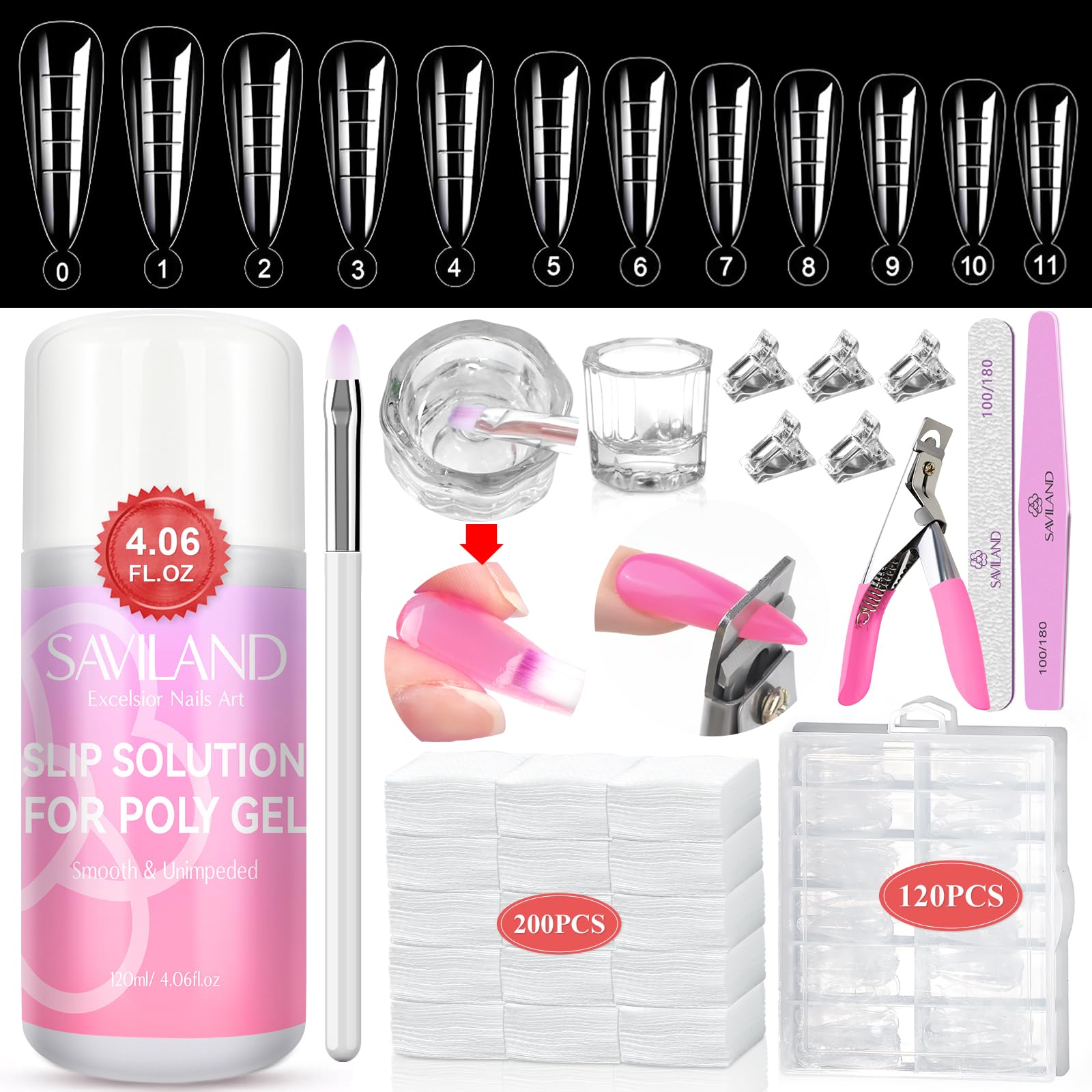 Saviland Gel Nail Slip Solution Set: Slip Solution for Poly Gel Nails Builder Gels 120PCS Dual Nail Forms Nail Brush Acrylic Nail Clipper Slip Liquid Sticky Remover Nail Art Tools for Nail Extensions