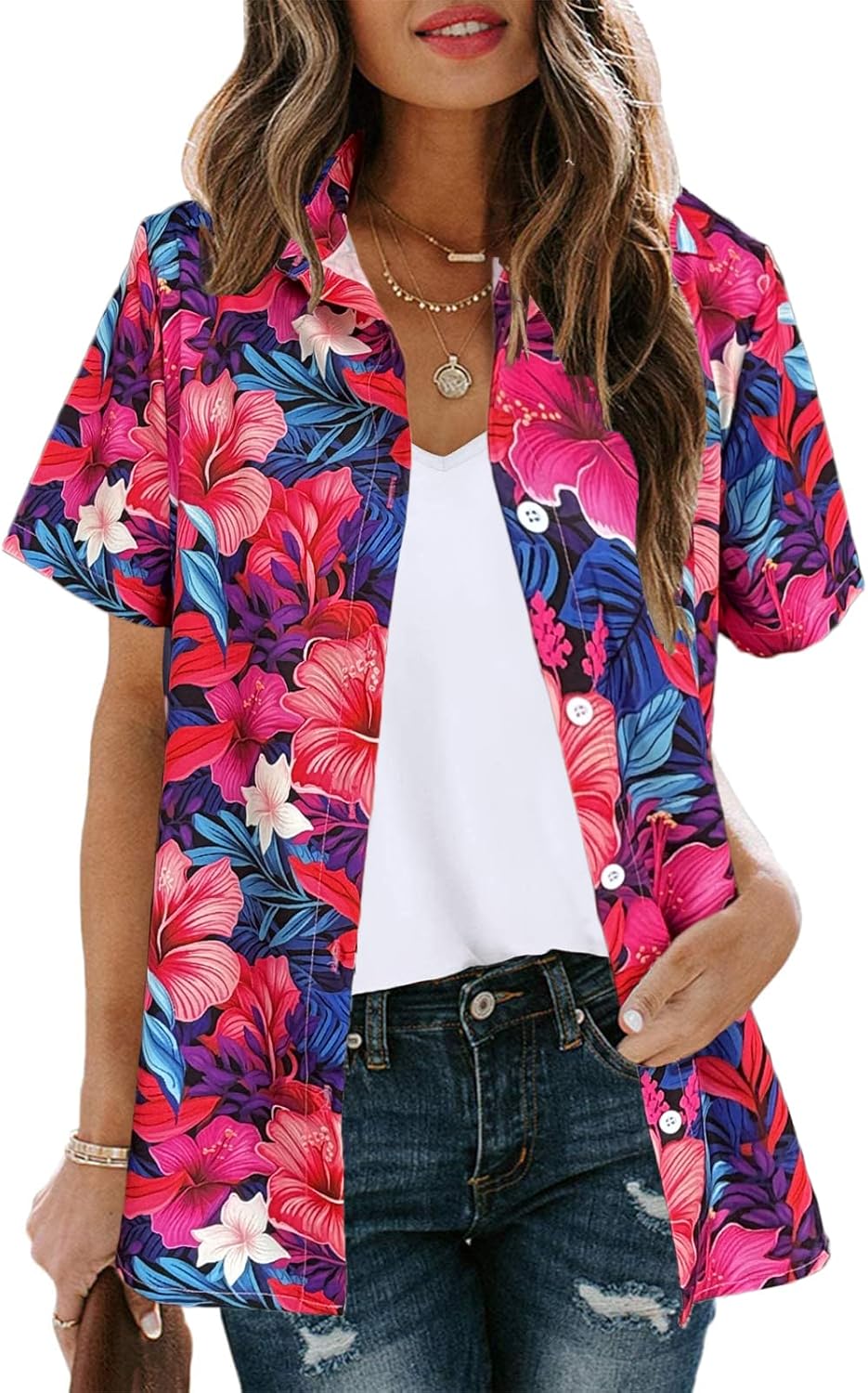 Women's Button Down Hawaiian Shirts Tropical V Neck Summer Beach Blouses Tops Floral Print Vintage Short Sleeve Tees - Image 2