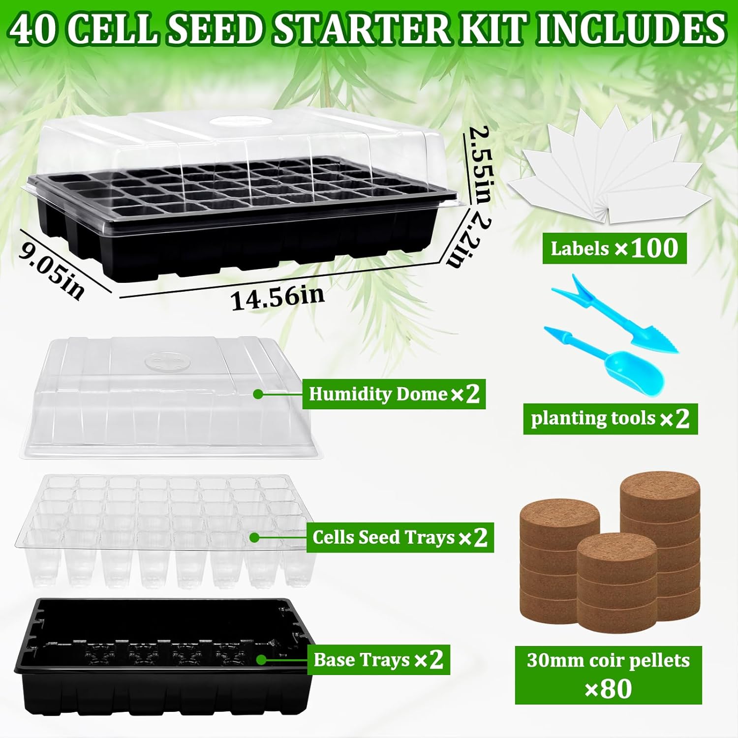Halatool 2 Pack Seed Starter Trays with 80 Pcs Coco Pellets, Greenhouse Indoor Seed Germination System for Herbs Vegetables Flowers, Seed Starter Kit