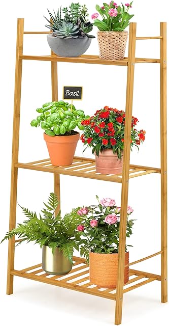 COSTWAY 3/4 Tier Bamboo Plant Stand, Ladder Flower Pots Holder with Rear Bar, Freestanding Corner Plant Storage Display Shelf Rack for Indoor Outdoor Living Room Balcony
