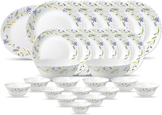 La Opala Diva, Classique Collection, Opal Glass Dinner Set 27 pcs, Morning Glory, White, Standard