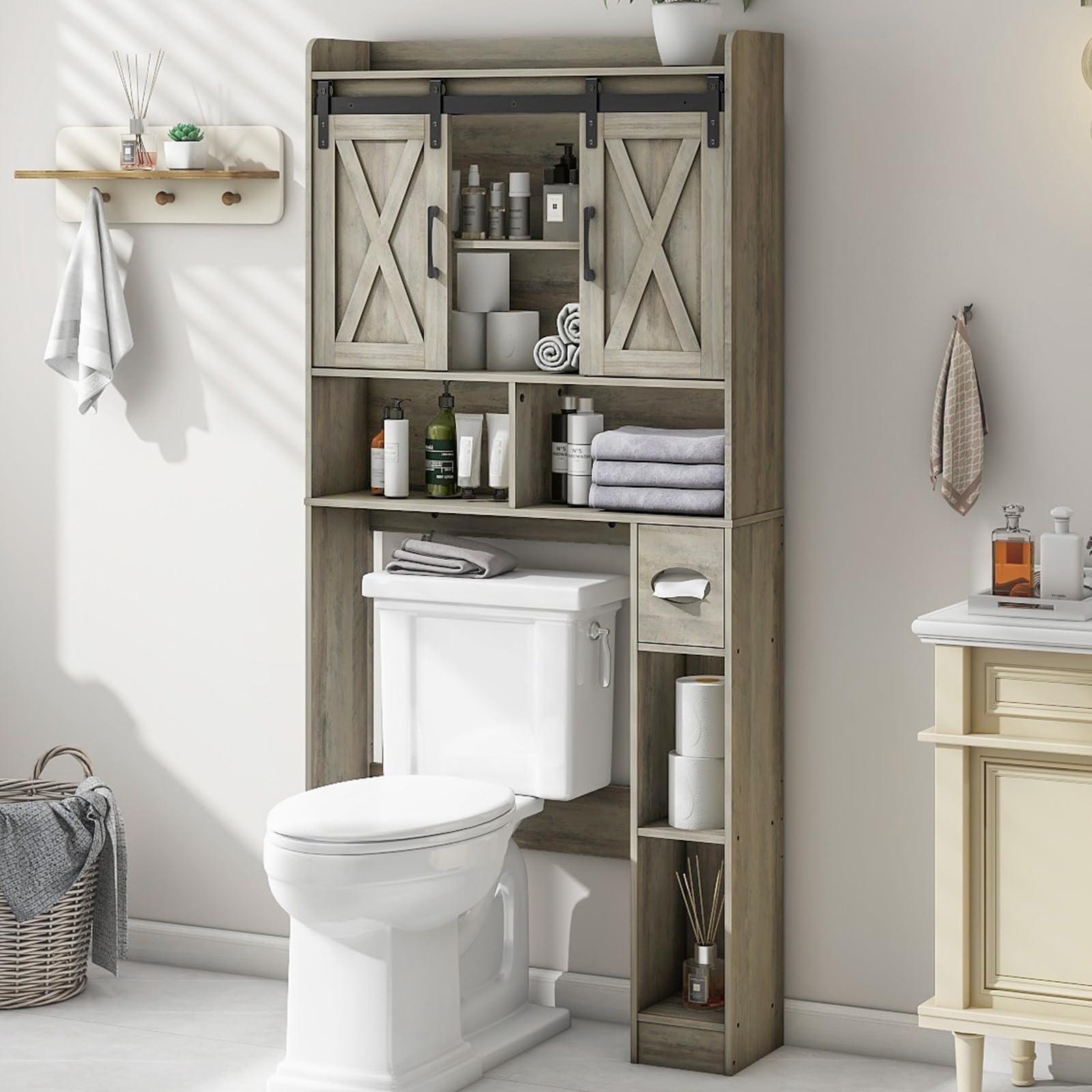 Drefure Over The Toilet Storage Cabinet, Bathroom Shelf Over Toilet with Sliding Door, Space ...