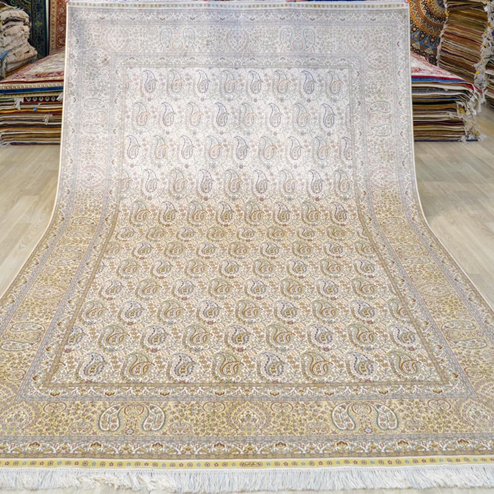 Yuchen Carpet Oriental Silk Rug 6 5x10 Beige Hand Woven Traditional Vintage Silk Area Rug for Living Room