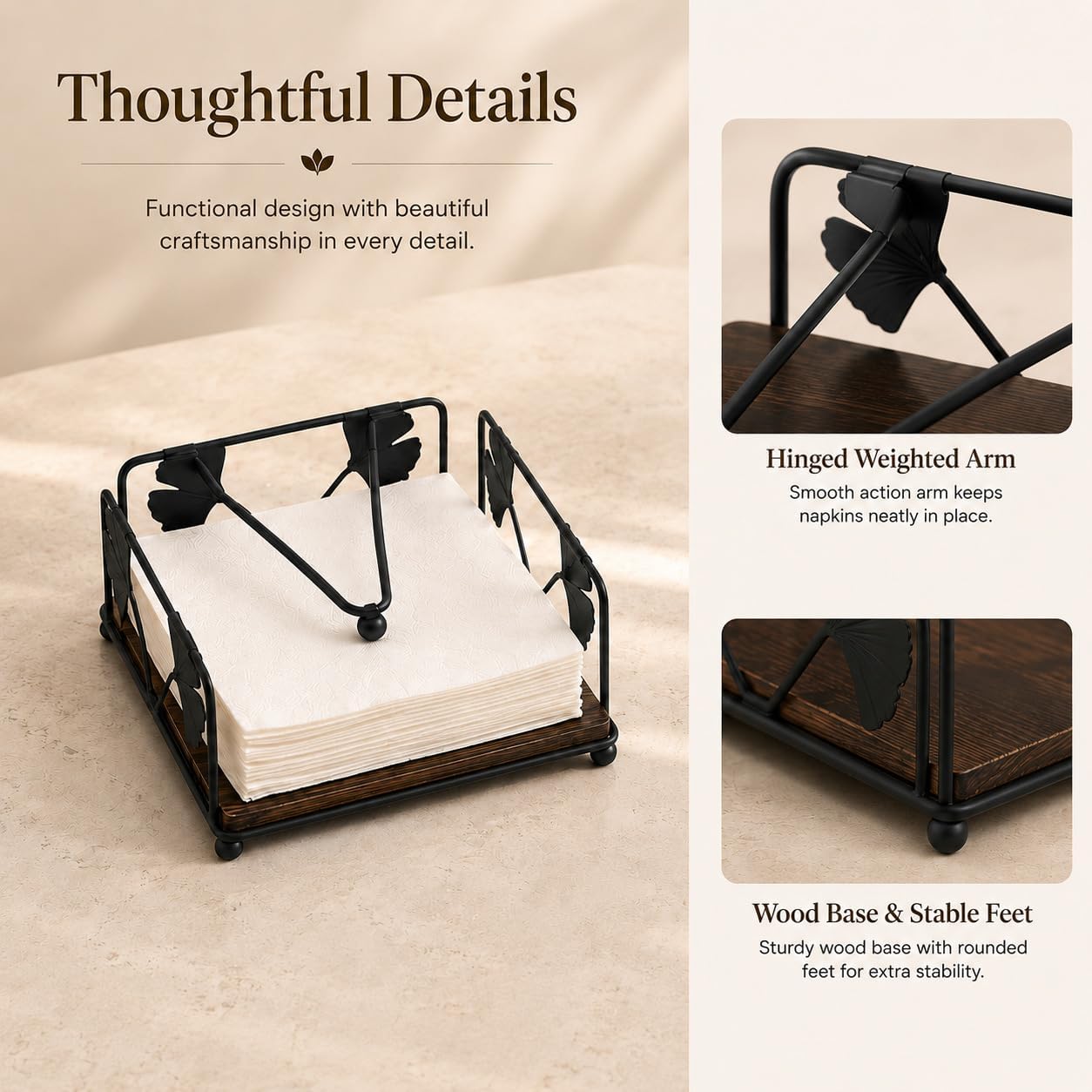 Wooden Napkin Holder for Table, Durable Table Napkin Dispenser with Weighted Arm,Farmhouse Napkin Holder for Table, Kitchen and Countertops,7" x 7"