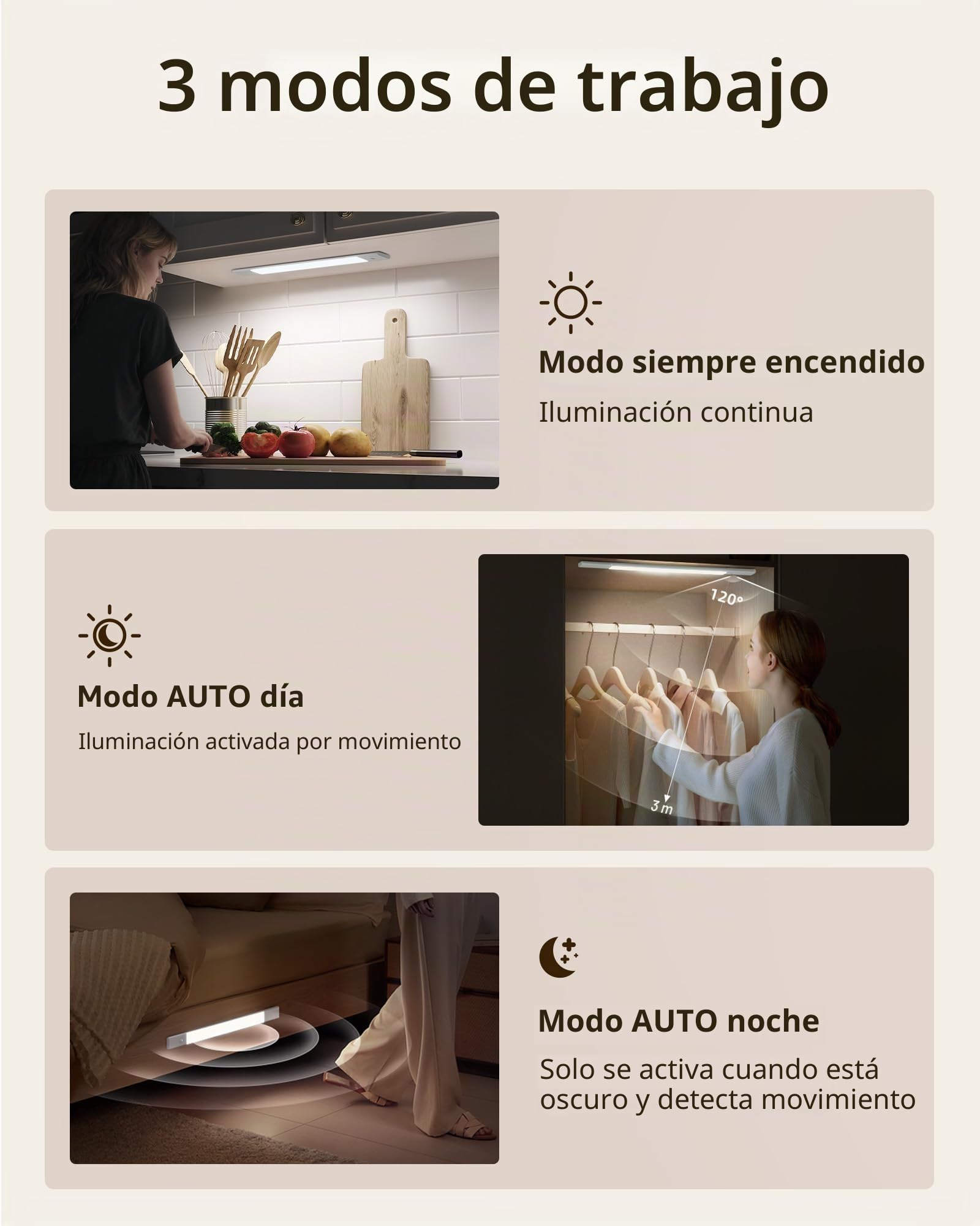 EZVALO Iluminación para armario inalámbrica 50 cm, batería extraíble de 2200 mAh, lámpara empotrable para cocina LED 3 temperaturas de color ajustables, luz para armario con sensor de movimiento