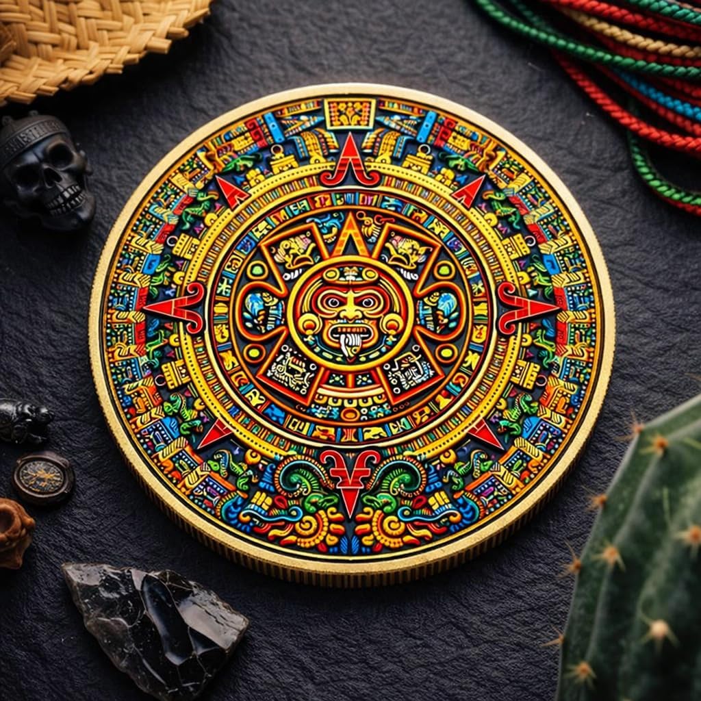 Mayan Calendar Aztec Challenge Coin – Mexico Aztec Art Sun Stone Prophecy Collectible Coin (2 Side)