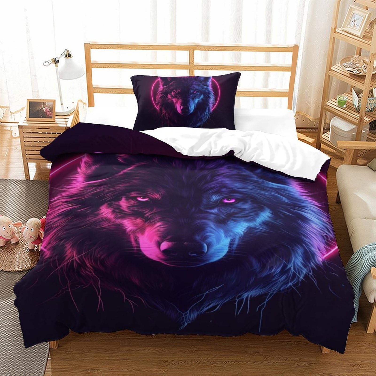 Parure de lit loup imprimé 3D en microfibre avec housse de couette 135x200cm et sa taie