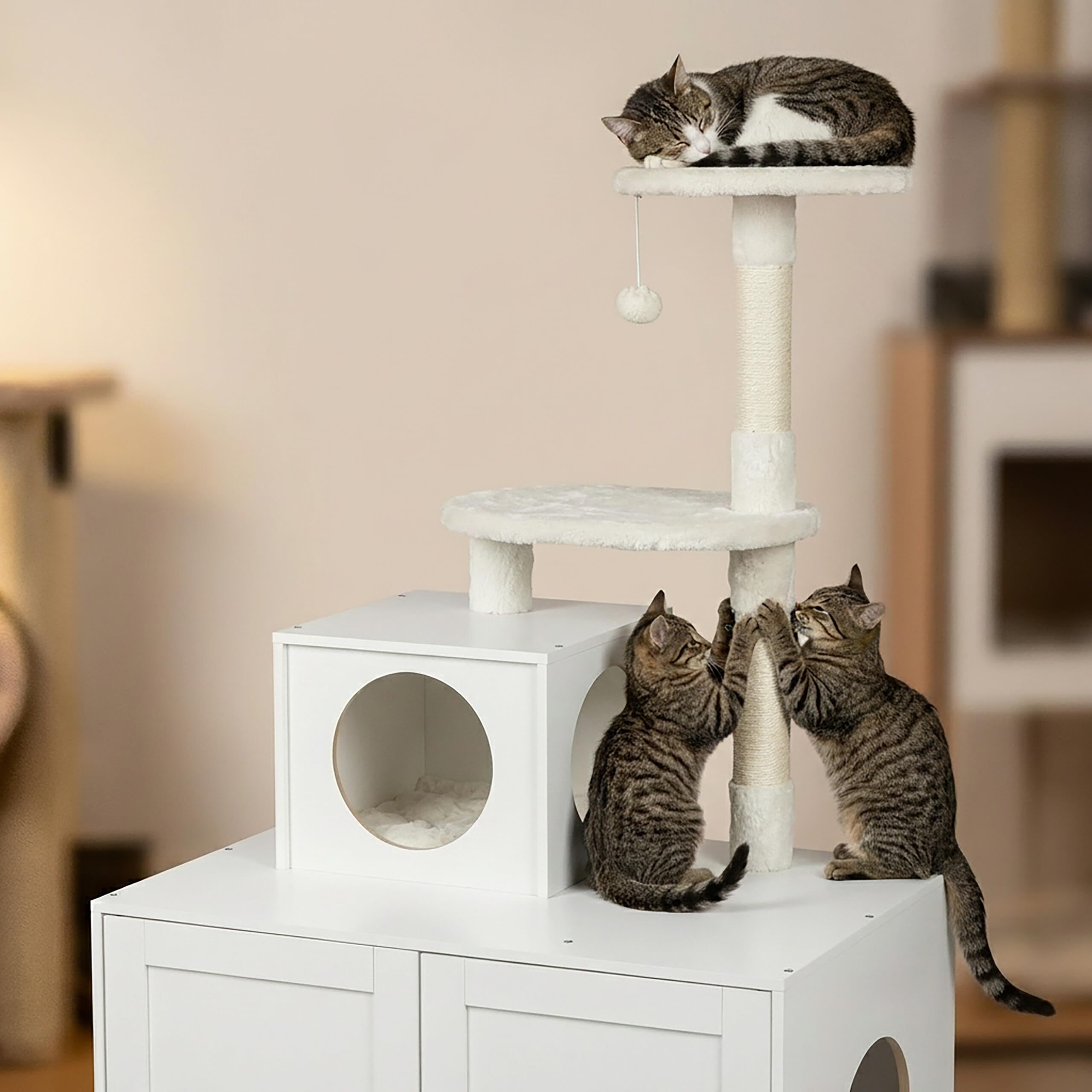 Relaxdays Árbol rascador con Armario para arenero, 133x78x49cm, Blanco | Troncos de sisal y hamaca, efecto madera, torre para gatos