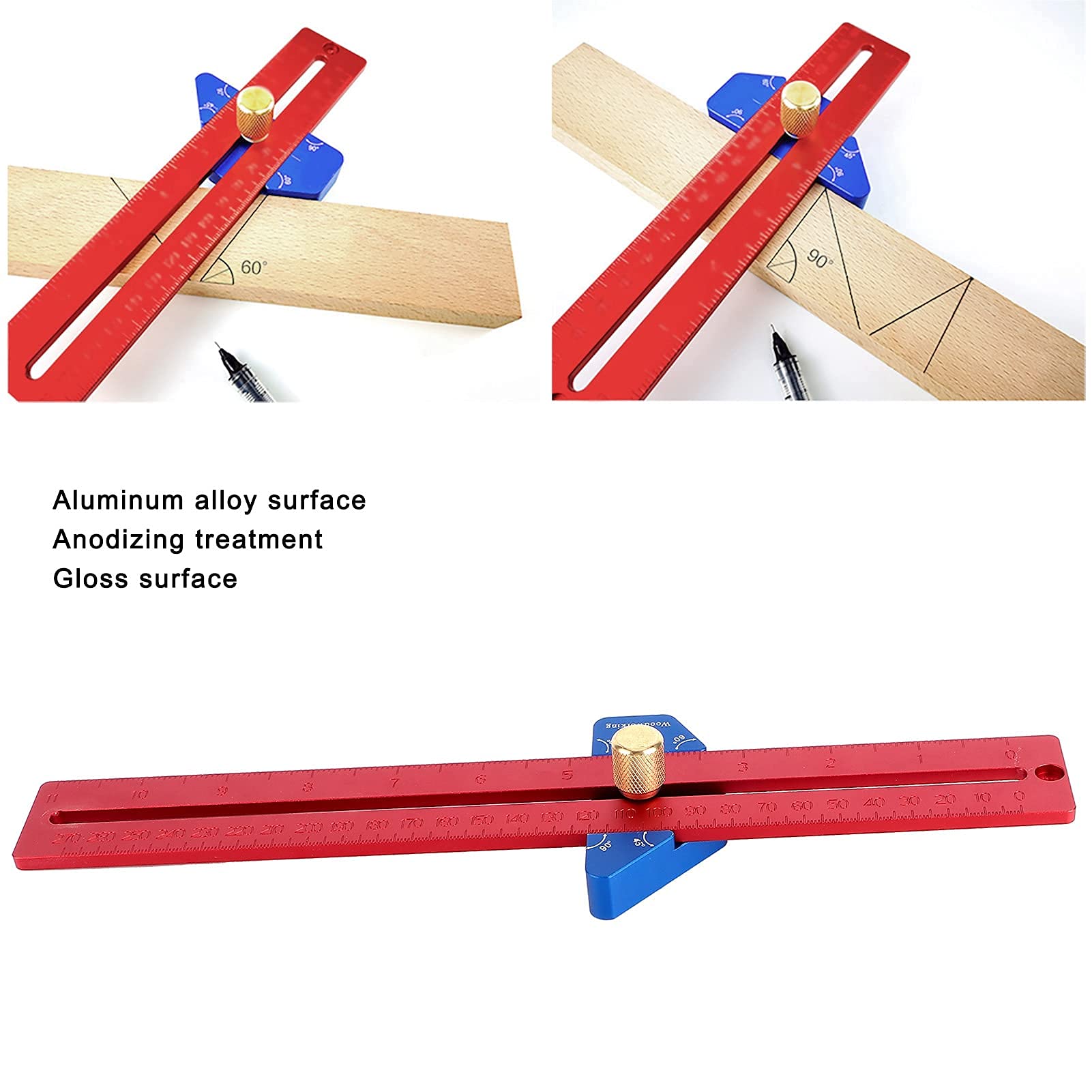 Regla en ángulo de aleación de aluminio de 270 mm, herramienta de marcado y trazado de líneas con tuercas de latón duraderas, escalas métricas e imperiales, acabado de oxidación anódica