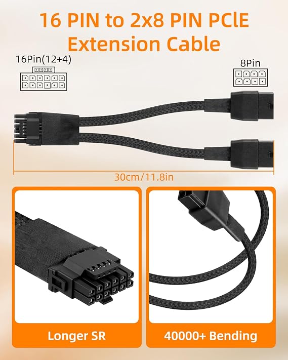 16AWG PCIE 5.0 GPU Power Extension Cable,12VHPWR 16 Pin(12+4) GPU Male to 2 X 8Pin PCIE Female Splitter Power Sleeved Cable for 16Pin(12+4) G P U,RTX 40/50 Series Graphics Cards(0.3M)