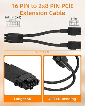 16AWG PCIE 5.0 GPU Power Extension Cable,12VHPWR 16 Pin(12+4) GPU Male to 2 X 8Pin PCIE Female Splitter Power Sleeved Cable for 16Pin(12+4) G P U,RTX 40/50 Series Graphics Cards(0.3M)