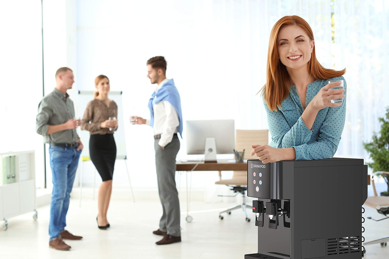 DRINKPOD water cooler connected to supply water to a coffee maker and refrigerator.