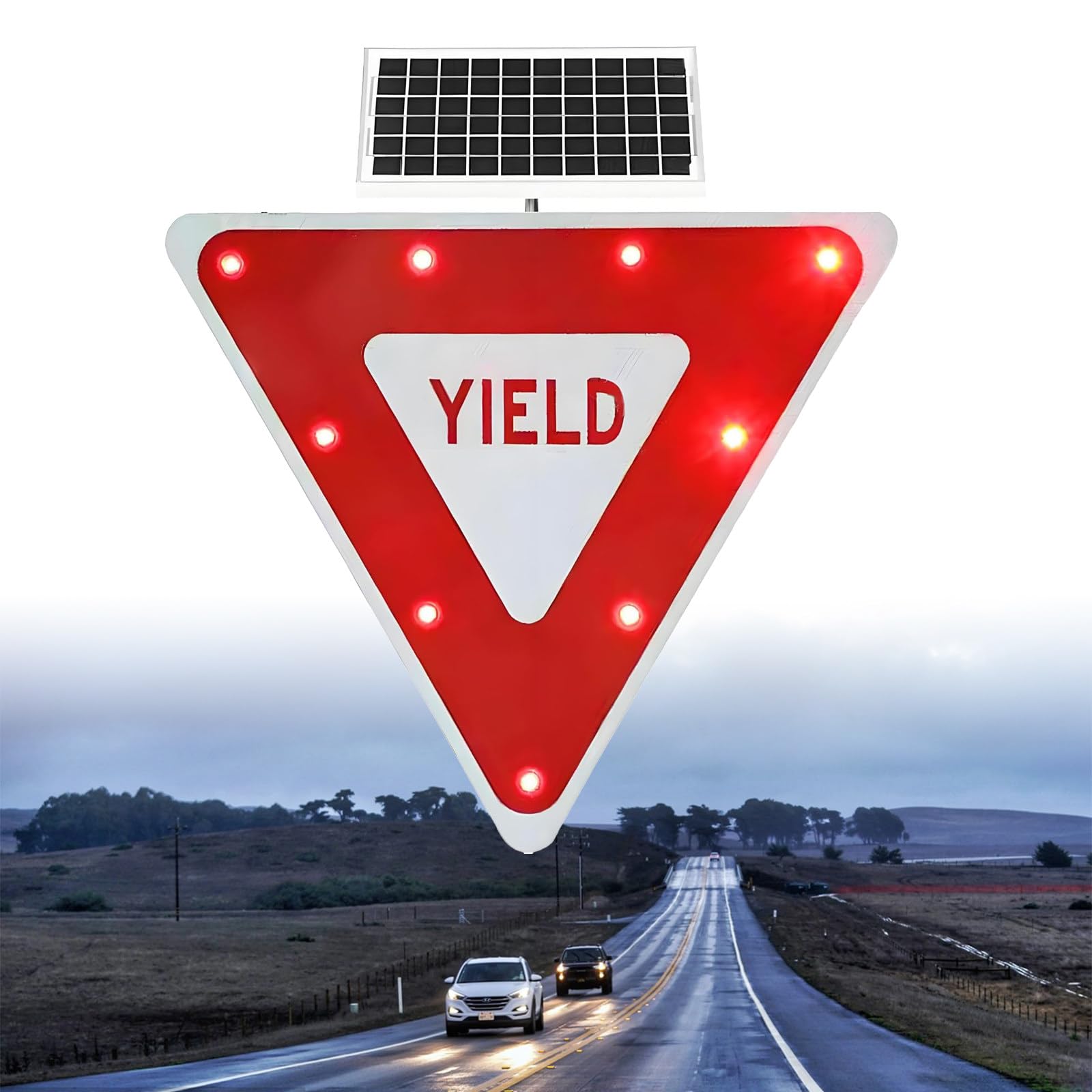 Señales De Ceda El Paso De 24 Pulgadas/28 Pulgadas con Energía Solar, Señales De Tráfico con Iluminación LED. Leyenda Ceda El Paso con LED Intermitentes 28''