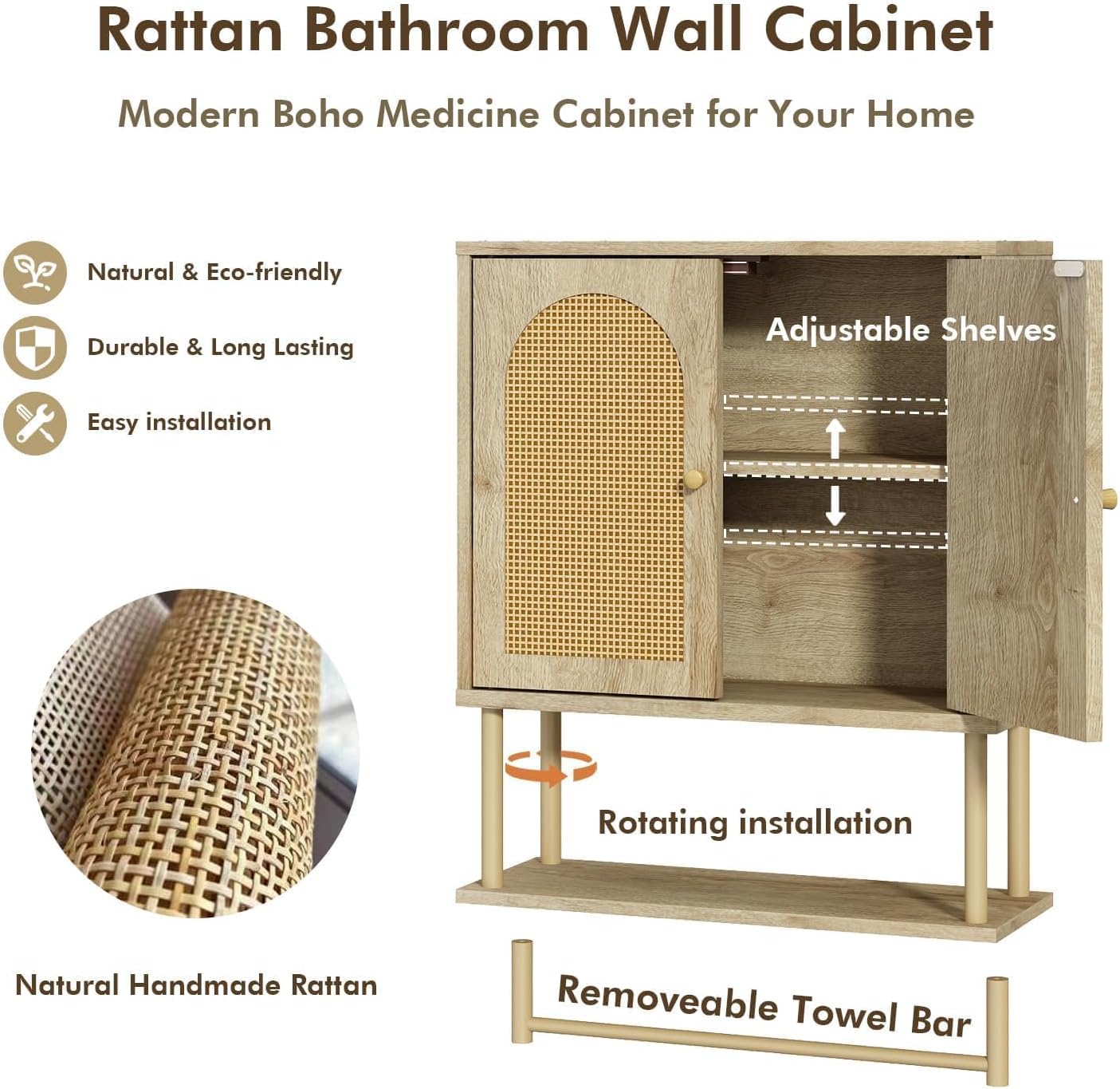 RUSTOWN Rattan Bathroom Wall Cabinet, Modern Boho Medicine Cabinet with Two Arched Rattan Doors, Over The Toilet Storage Cabinet with Adjustable Shelf and Towel Bar for Bathroom (Natural,Medium)