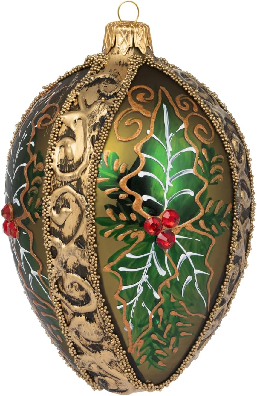 Fabergé Egg 5-Inch Blown Glass Christmas Tree Ornament Mistletoe Leaf (Silver)