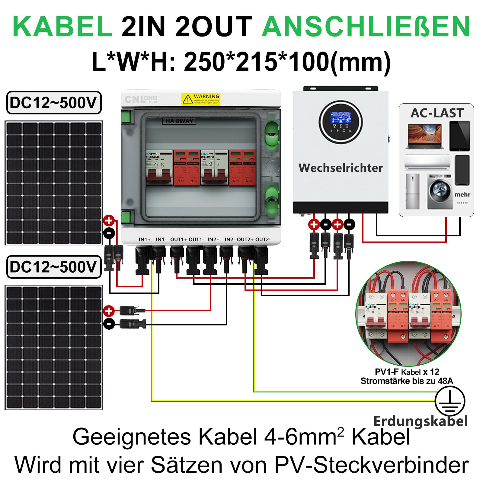 Überspannungsschutz PV DC 500V 32A Trennschalter Blitzschutz 2 String 2 In 2 Out Mit IP65 Solar PV Anschlusskasten Für PV Anlage Komplettset