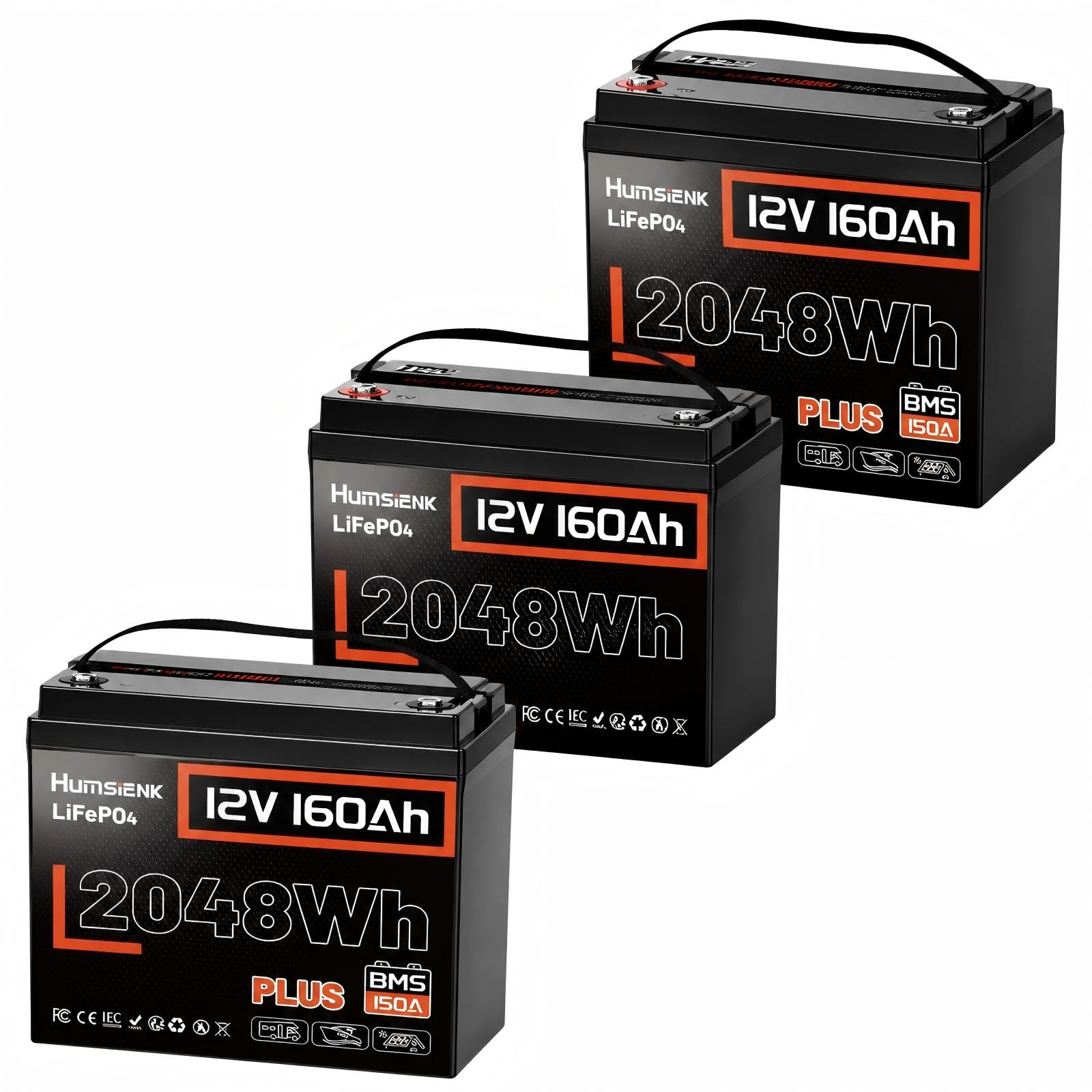 HumsiENK 3 Pack 12V 160Ah (150Ah) Plus LiFePO4 Lithium Battery, Deep Cycles