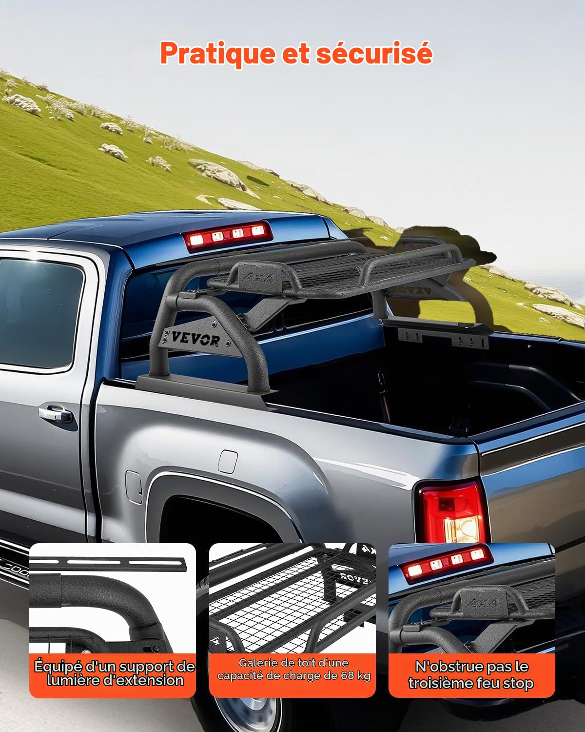 VEVOR Arceau de Sécurité Arrière pour Pick-up, Barre de Benne Réglable Universel, Compatible avec Pickup Pleine Grandeur, en Acier au Carbone, avec Plateau Porte-bagages et Support pour Éclairage