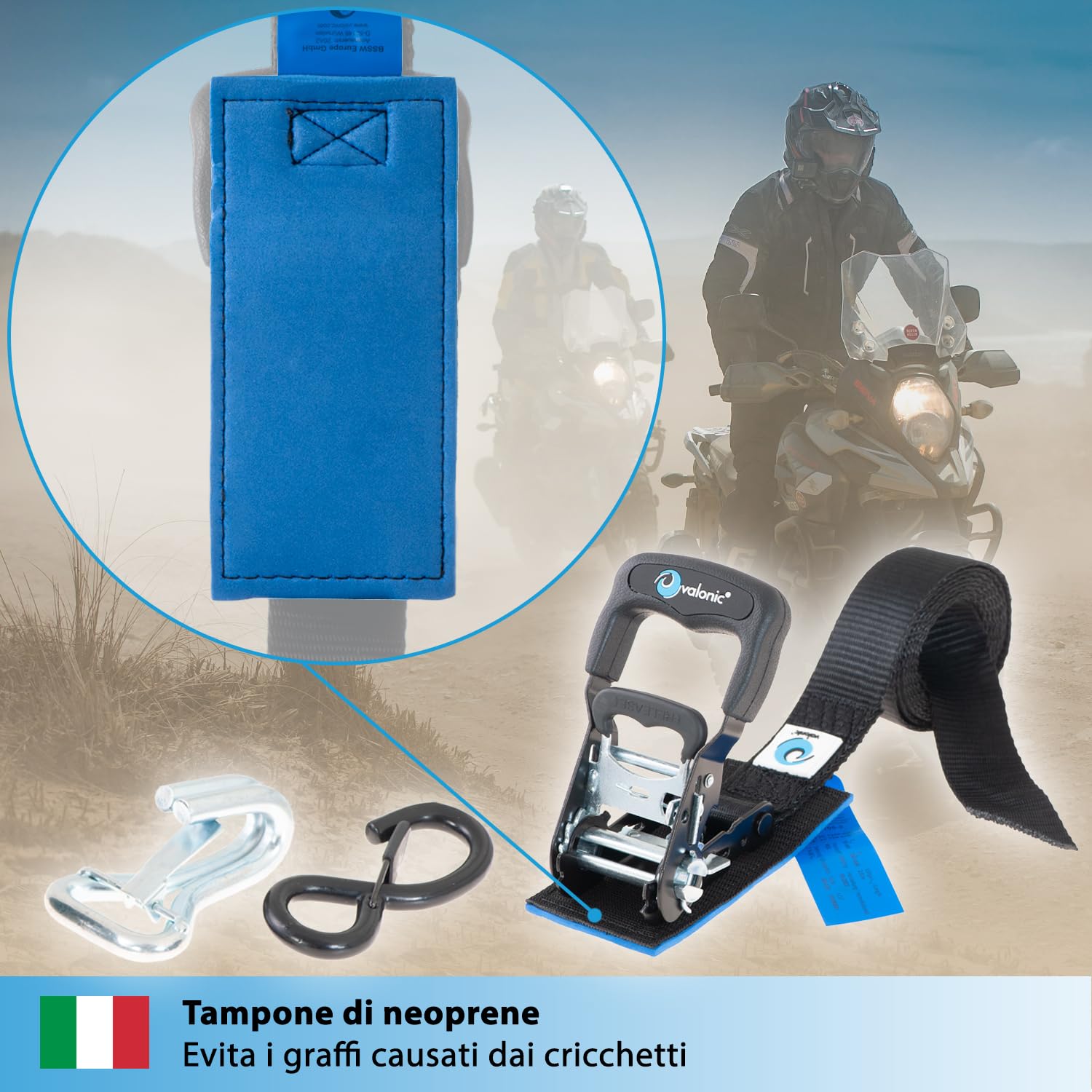 valonic PANTHER - 2x 2,25m cinghie di fissaggio con ganci per moto, 38mm, 650/1300 Kg, imbottitura, Certificato TÜV Rheinl. / GS, EN 12195-2 - distanza di fissaggio molto breve