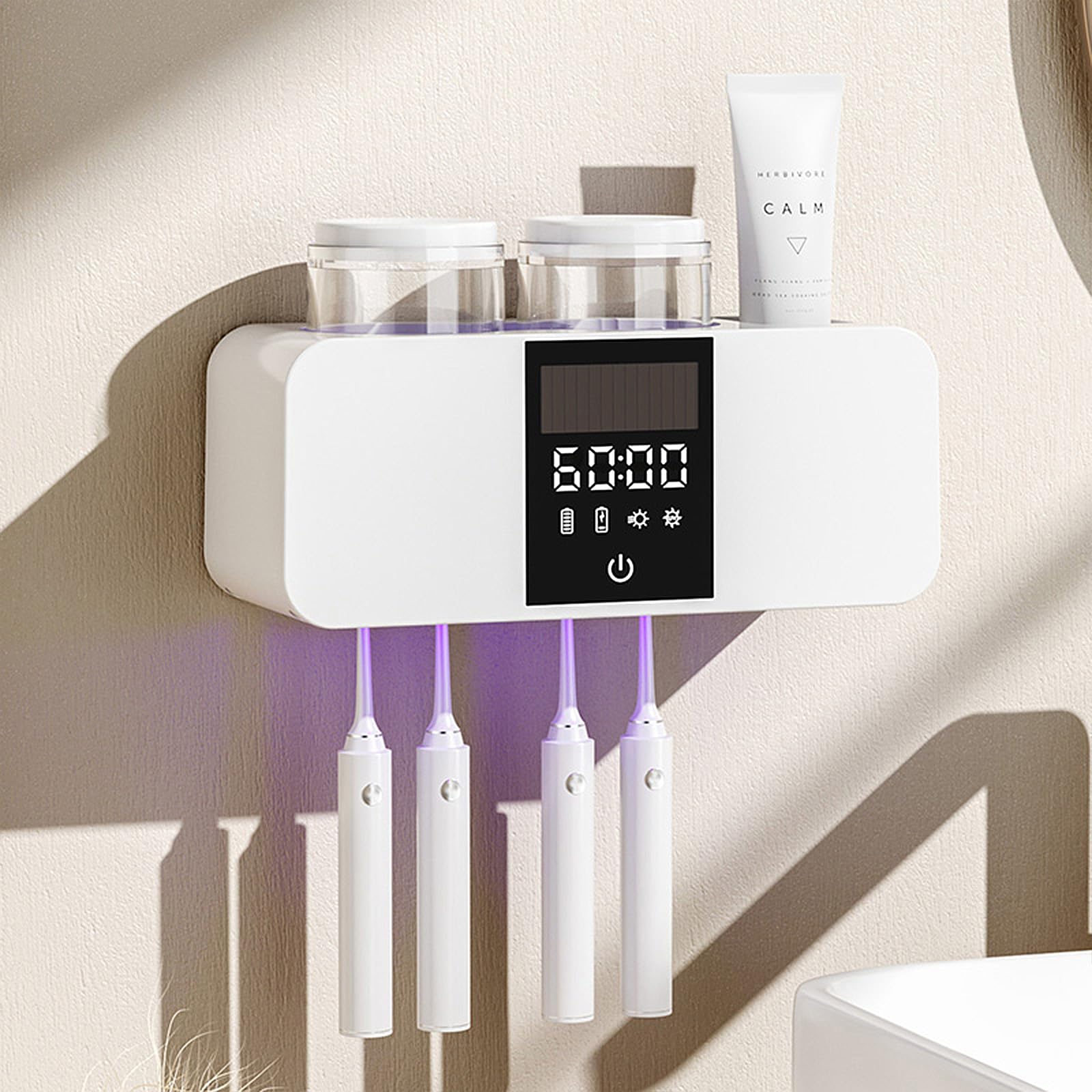 Support mural pour brosse à dents solaire avec séchage et 2 tasses