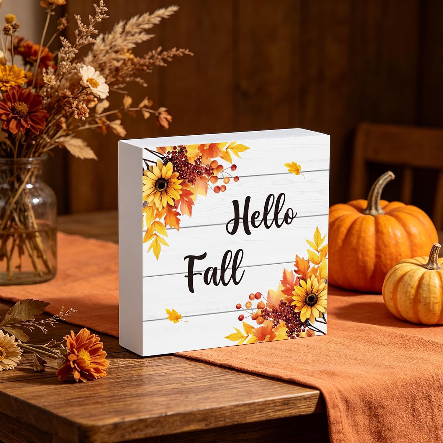 Fall Decorations for Home Fall Decor Bathroom Home Room Sunflower Leaves Table Wood Box Sign Rustic Wooden Shelf Desk Office Decor Season Sign House Warming Gifts 5.9 x 5.9 Inch