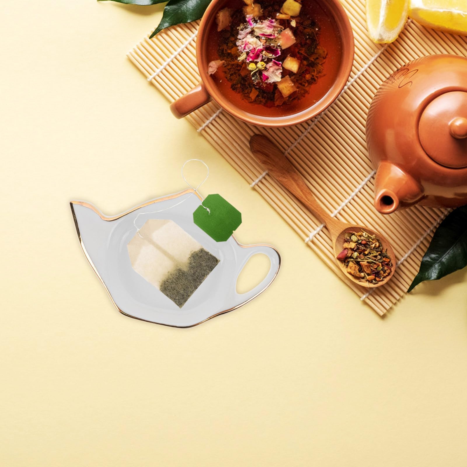 8 Posavasos de cerámica con Forma de Tetera y Soporte para cucharas para bolsitas de té, Ideales para Fiestas y Uso doméstico. Accesorio de Cocina Multifuncional.