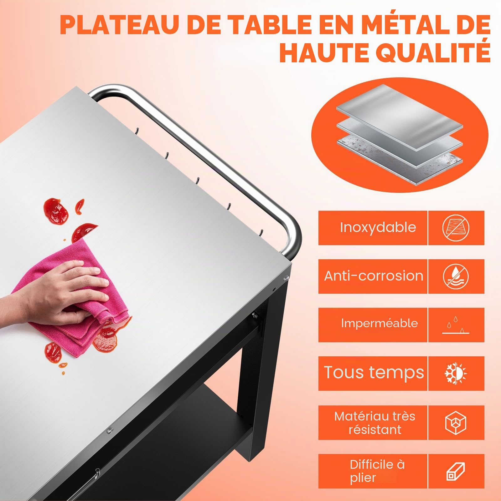 Table de Barbecue en Acier Inoxydable avec 2 Étages, Support de Four à Pizza, Chariot de Travail avec 5 Crochets, Chariot de Service Extérieur