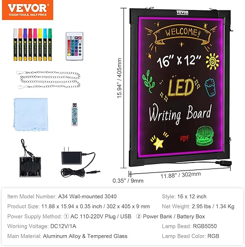 Miniatura 7 de VEVOR Pizarra de escritura de mensajes LED, pizarra iluminada borrable de 16 x 12 pulgadas, tablero de letreros de menú de efecto neón, tablero de