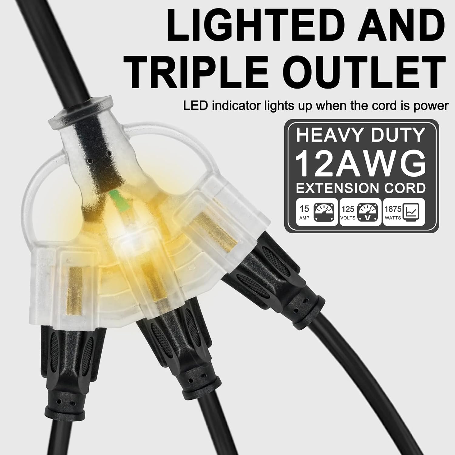 25FT 12/3 Outdoor Extension Cord with Multiple Outlets 12 Gauge 3 Outlet Heavy Duty Power Cord Splitter Flexible 3 Way Power Cable Waterproof with Light Indicator 12AWG 15A 1875W SJTW,ETL Listed