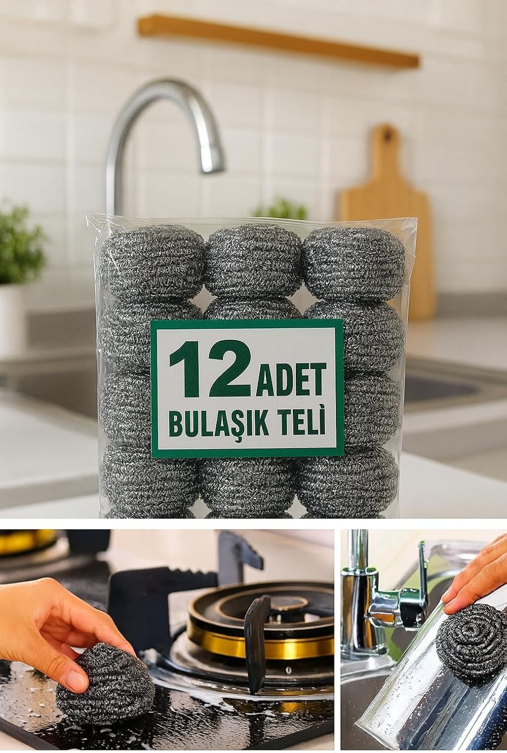 12 Adet Bulaşık Teli Ovma Teli Ekonomik Toptel Sürtme Teli